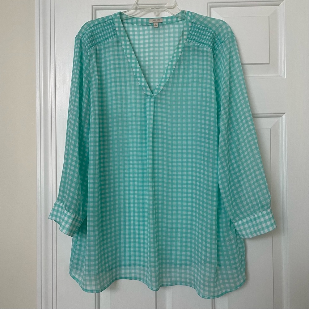 Talbots gingham check popover blouse